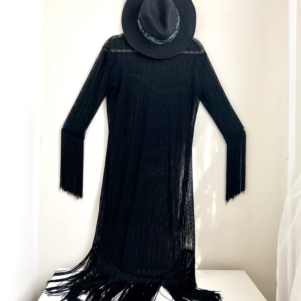 ZARA • black sheer long dress with fringe